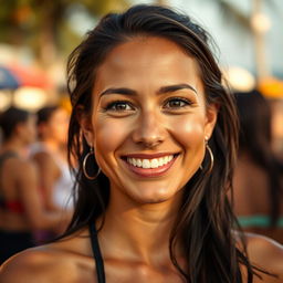 A 35-year-old woman with tanned skin, an athletic build, and dark brown hair