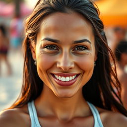 A 35-year-old woman with tanned skin, an athletic build, and dark brown hair