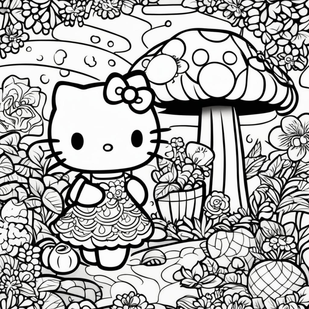 Black and white Hello Kitty themed colouring book page featuring Hello Kitty in a cute dress surrounded by elements from her world like a mushroom house and a fruit-bearing tree