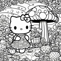 Black and white Hello Kitty themed colouring book page featuring Hello Kitty in a cute dress surrounded by elements from her world like a mushroom house and a fruit-bearing tree