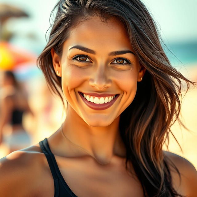 A 35-year-old woman with tanned skin, an athletic build, and dark brown hair