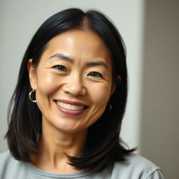 A portrait of a 45-year-old Asian woman with a warm smile, showcasing her unique features and character