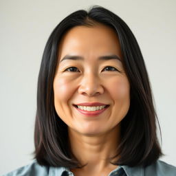 A portrait of a 45-year-old Asian woman with a warm smile, showcasing her unique features and character