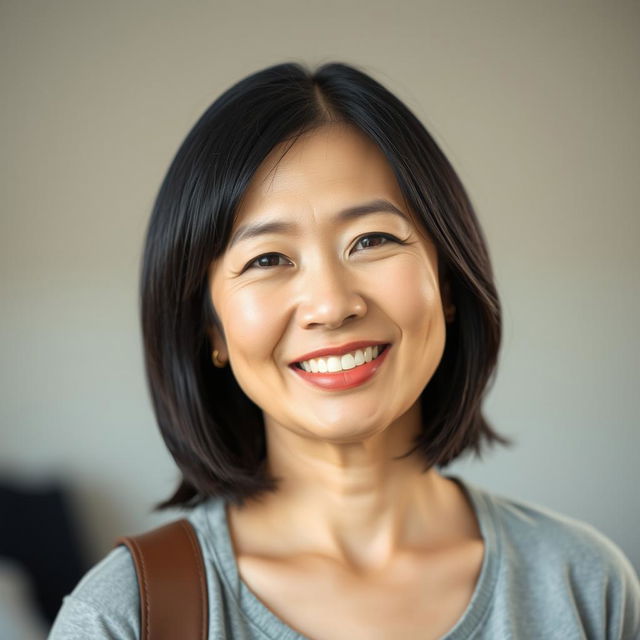 A portrait of a 45-year-old Asian woman with a warm smile, showcasing her unique features and character