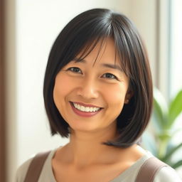 A portrait of a 45-year-old Asian woman with a warm smile, showcasing her unique features and character
