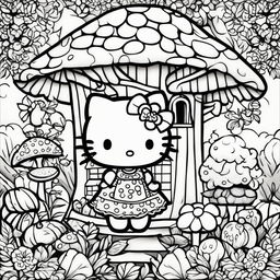 Black and white Hello Kitty themed colouring book page featuring Hello Kitty in a cute dress surrounded by elements from her world like a mushroom house and a fruit-bearing tree