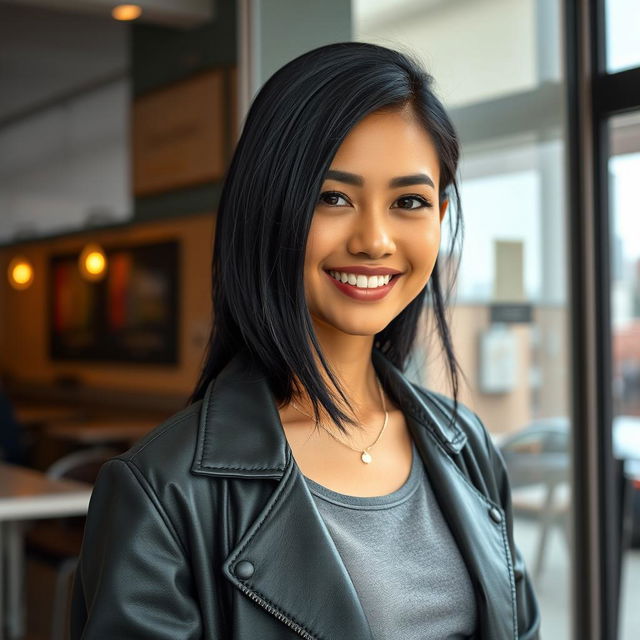 A 34-year-old woman with sleek black hair and an appealing American appearance, dressed in fashionable and contemporary clothing