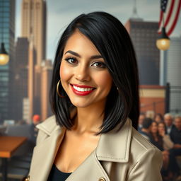 A 34-year-old woman with sleek black hair and an appealing American appearance, dressed in fashionable and contemporary clothing