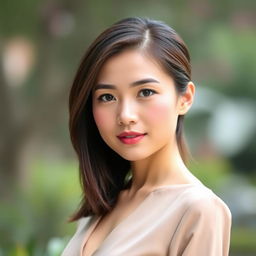 A beautiful 35-year-old Vietnamese woman with a neat hairstyle, light skin, and a slender figure