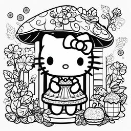 Black and white Hello Kitty themed colouring book page featuring Hello Kitty in a cute dress surrounded by elements from her world like a mushroom house and a fruit-bearing tree