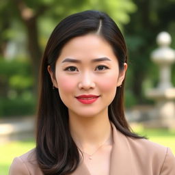 A beautiful 35-year-old Vietnamese woman with a neat hairstyle, light skin, and a slender figure