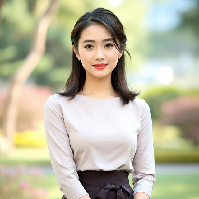 A beautiful 35-year-old Vietnamese woman with a neat hairstyle, light skin, and a slender figure