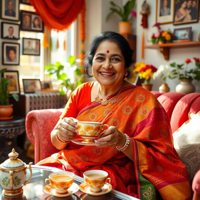 A warm and cheerful Indian aunty, wearing a colorful traditional saree with intricate patterns, sitting in her cozy living room filled with vibrant Indian decorations