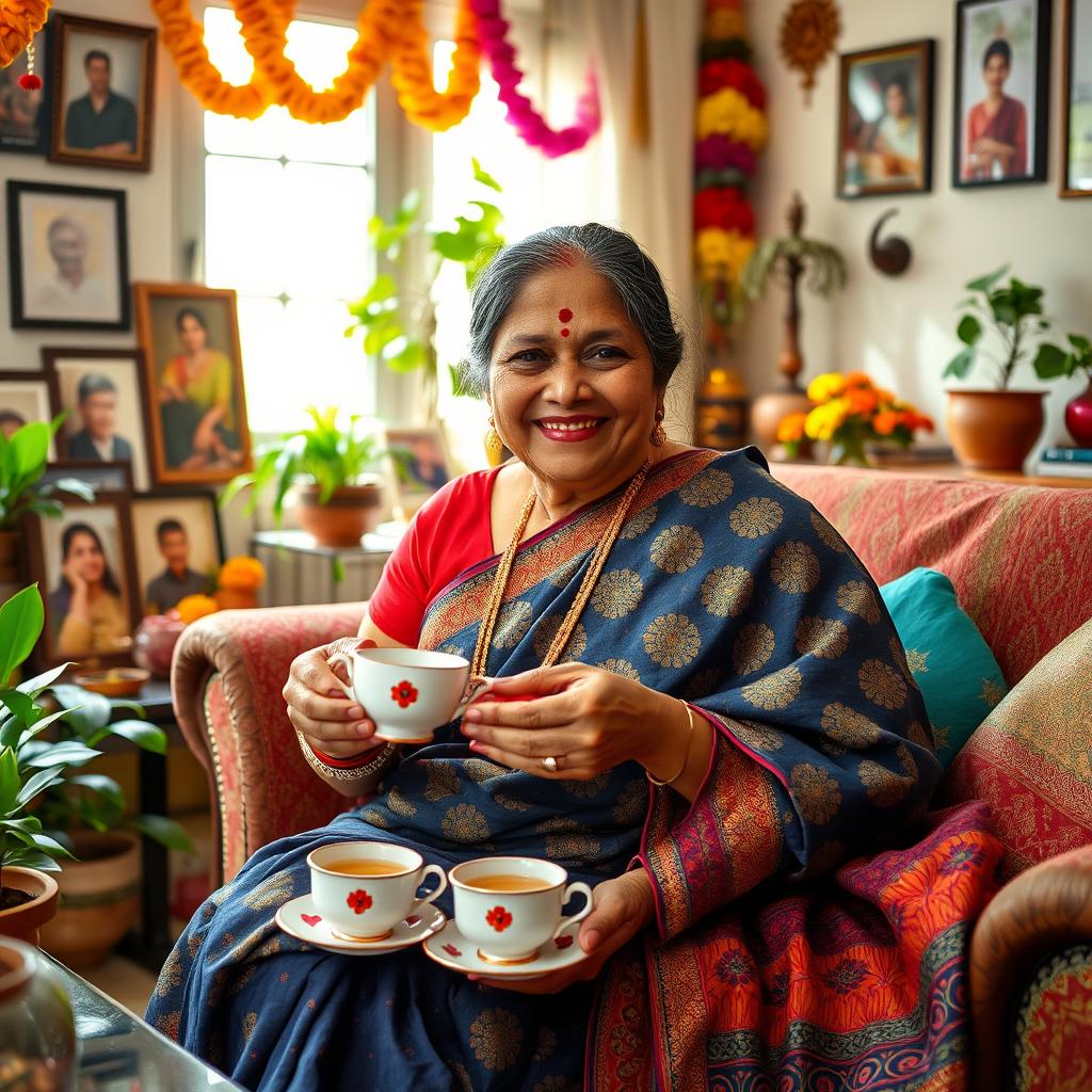 A warm and cheerful Indian aunty, wearing a colorful traditional saree with intricate patterns, sitting in her cozy living room filled with vibrant Indian decorations