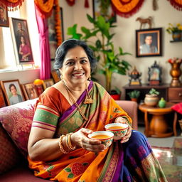 A warm and cheerful Indian aunty, wearing a colorful traditional saree with intricate patterns, sitting in her cozy living room filled with vibrant Indian decorations