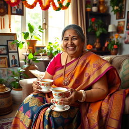 A warm and cheerful Indian aunty, wearing a colorful traditional saree with intricate patterns, sitting in her cozy living room filled with vibrant Indian decorations