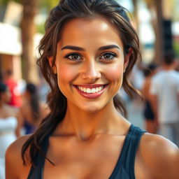 A 35-year-old woman with tanned skin, an athletic build, and dark brown hair
