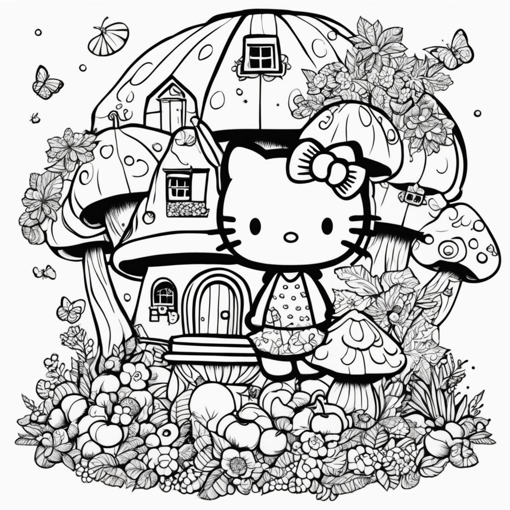 Black and white Hello Kitty themed colouring book page featuring Hello Kitty in a cute dress surrounded by elements from her world like a mushroom house and a fruit-bearing tree