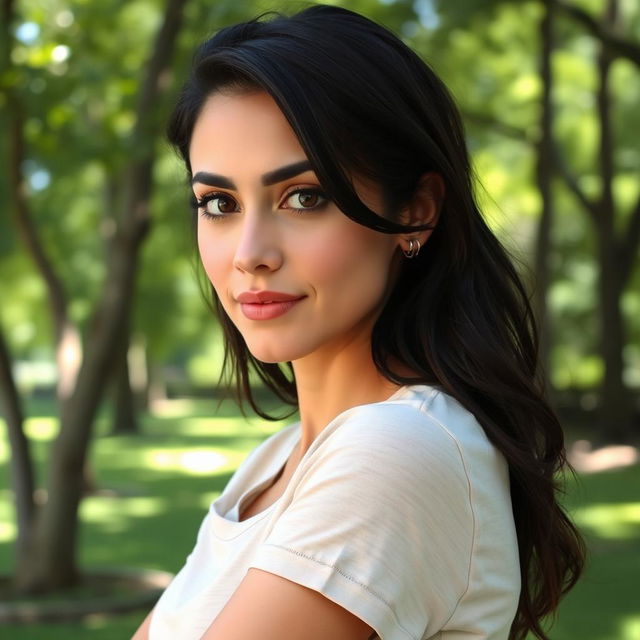 A beautiful woman aged 30-35 with dark hair and brown eyes, exhibiting a Mediterranean or olive skin tone