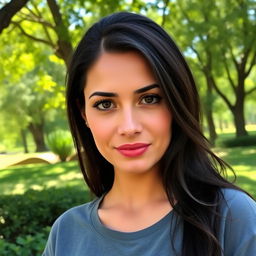 A beautiful woman aged 30-35 with dark hair and brown eyes, exhibiting a Mediterranean or olive skin tone