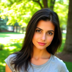A beautiful woman aged 30-35 with dark hair and brown eyes, exhibiting a Mediterranean or olive skin tone