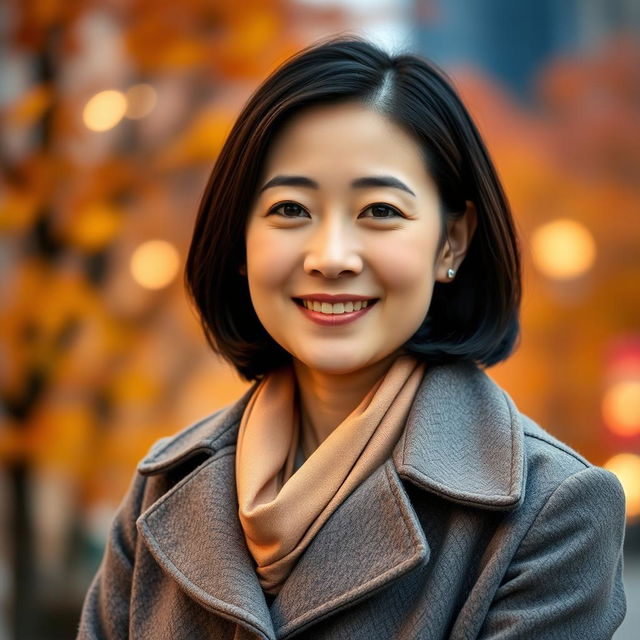 A portrait of a 41-year-old Japanese woman wearing a stylish coat, standing confidently