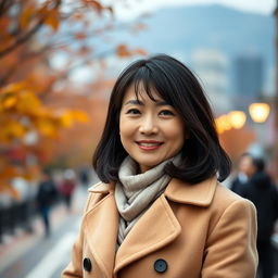 A portrait of a 41-year-old Japanese woman wearing a stylish coat, standing confidently