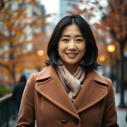 A portrait of a 41-year-old Japanese woman wearing a stylish coat, standing confidently