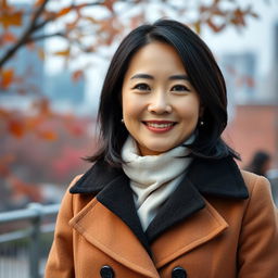 A portrait of a 41-year-old Japanese woman wearing a stylish coat, standing confidently