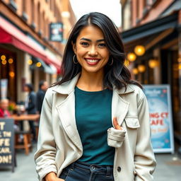 A 34-year-old woman with beautiful black hair and a classic American appearance, dressed in modern and stylish clothing that reflects current fashion trends