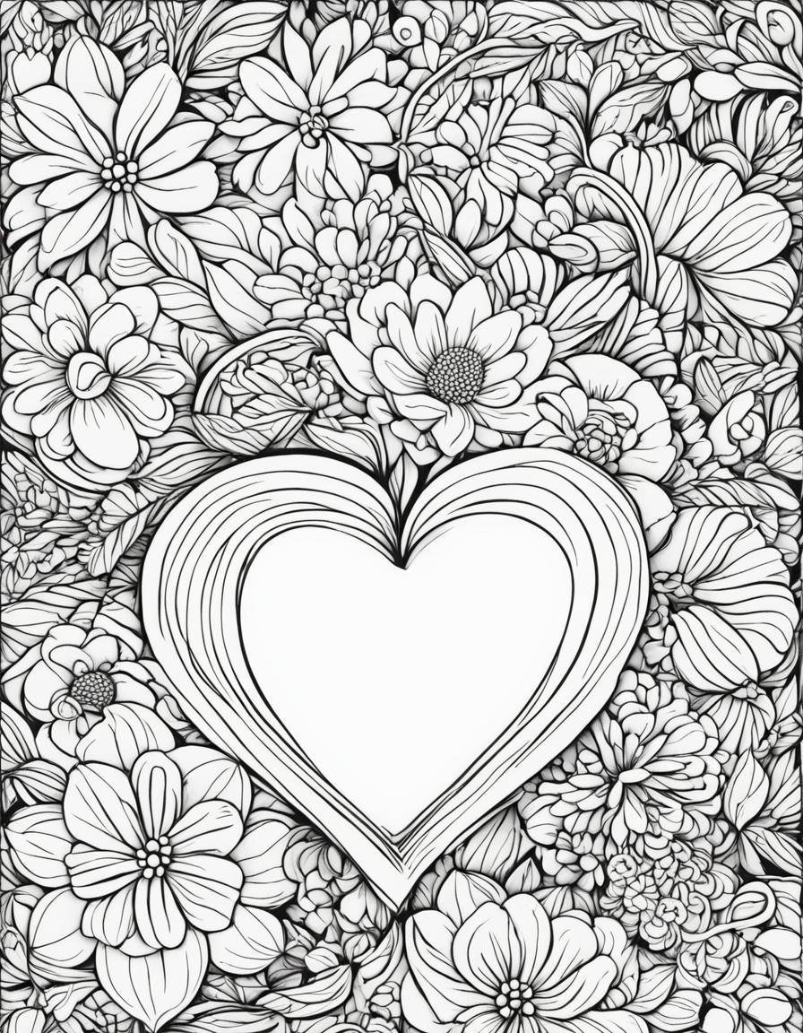 A coloring book page featuring a large heart outlined with bold lines, surrounded by a variety of flowers.