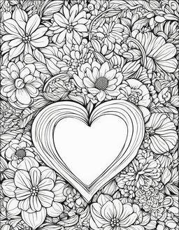 A coloring book page featuring a large heart outlined with bold lines, surrounded by a variety of flowers.