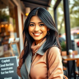 A 34-year-old woman with beautiful black hair and a classic American appearance, dressed in modern and stylish clothing that reflects current fashion trends