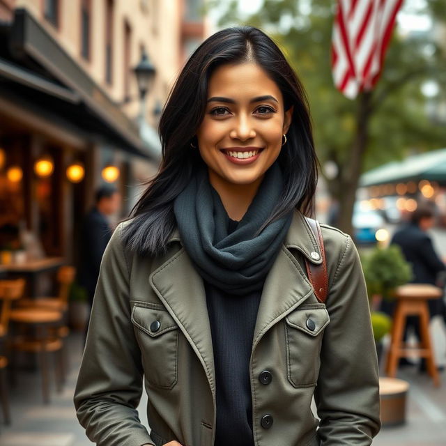 A 34-year-old woman with beautiful black hair and a classic American appearance, dressed in modern and stylish clothing that reflects current fashion trends