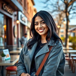 A 34-year-old woman with beautiful black hair and a classic American appearance, dressed in modern and stylish clothing that reflects current fashion trends