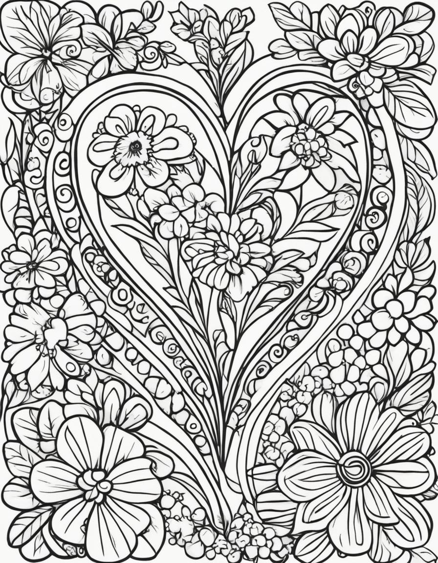 A coloring book page featuring a large heart outlined with bold lines, surrounded by a variety of flowers.