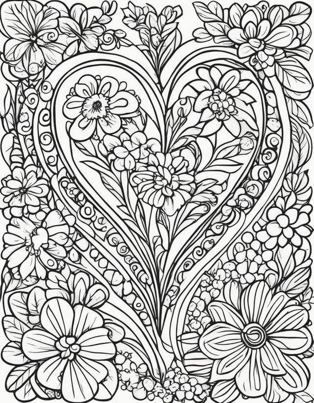 A coloring book page featuring a large heart outlined with bold lines, surrounded by a variety of flowers.