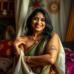 A warm and cheerful Indian aunty, with an inviting and confident demeanor, artistically posed in a tasteful and elegant manner