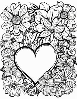 A coloring book page featuring a large heart outlined with bold lines, surrounded by a variety of flowers.