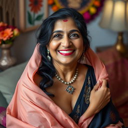 A warm and cheerful Indian aunty, with an inviting and confident demeanor, artistically posed in a tasteful and elegant manner