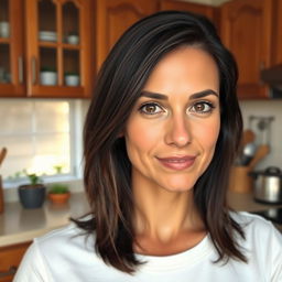 A 30-35 year old woman with dark hair and brown eyes, showcasing a Mediterranean or olive skin tone