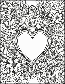 A coloring book page featuring a large heart outlined with bold lines, surrounded by a variety of flowers.