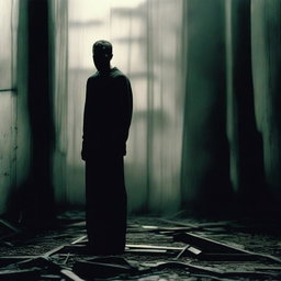 Create an atmospheric image capturing the unsettling, bleak and haunting essence of the movie The Machinist featuring the gaunt figure of the protagonist Christian Bale