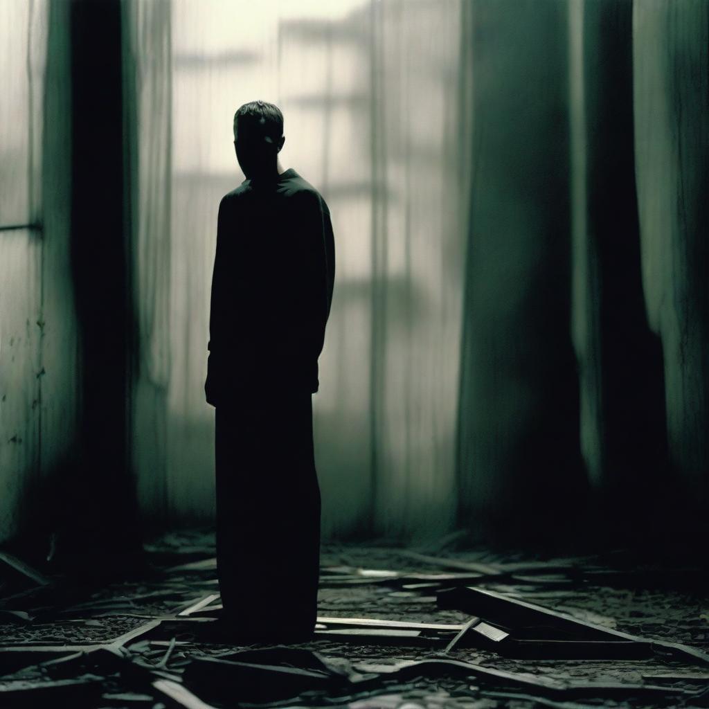 Create an atmospheric image capturing the unsettling, bleak and haunting essence of the movie The Machinist featuring the gaunt figure of the protagonist Christian Bale