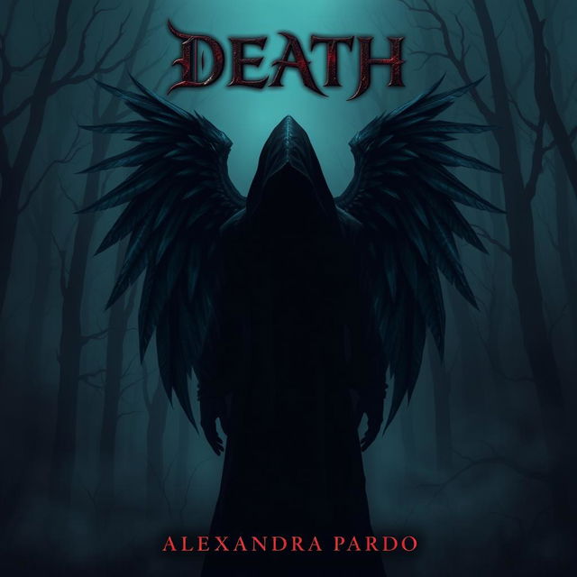 A dark and mysterious fantasy illustration featuring a hooded figure standing in a shadowy dead forest, with striking black bluish wings on its back