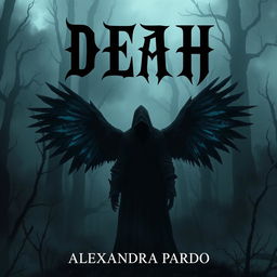 A dark and mysterious fantasy illustration featuring a hooded figure standing in a shadowy dead forest, with striking black bluish wings on its back