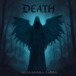 A dark and mysterious fantasy illustration featuring a hooded figure standing in a shadowy dead forest, with striking black bluish wings on its back