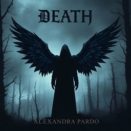 A dark and mysterious fantasy illustration featuring a hooded figure standing in a shadowy dead forest, with striking black bluish wings on its back