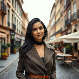 A 34-year-old woman with beautiful black hair and a refined European appearance, dressed in chic and fashionable clothing that highlights her sophisticated style
