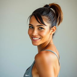 A 40-year-old woman with tanned skin and an athletic build, featuring short hair styled in a ponytail